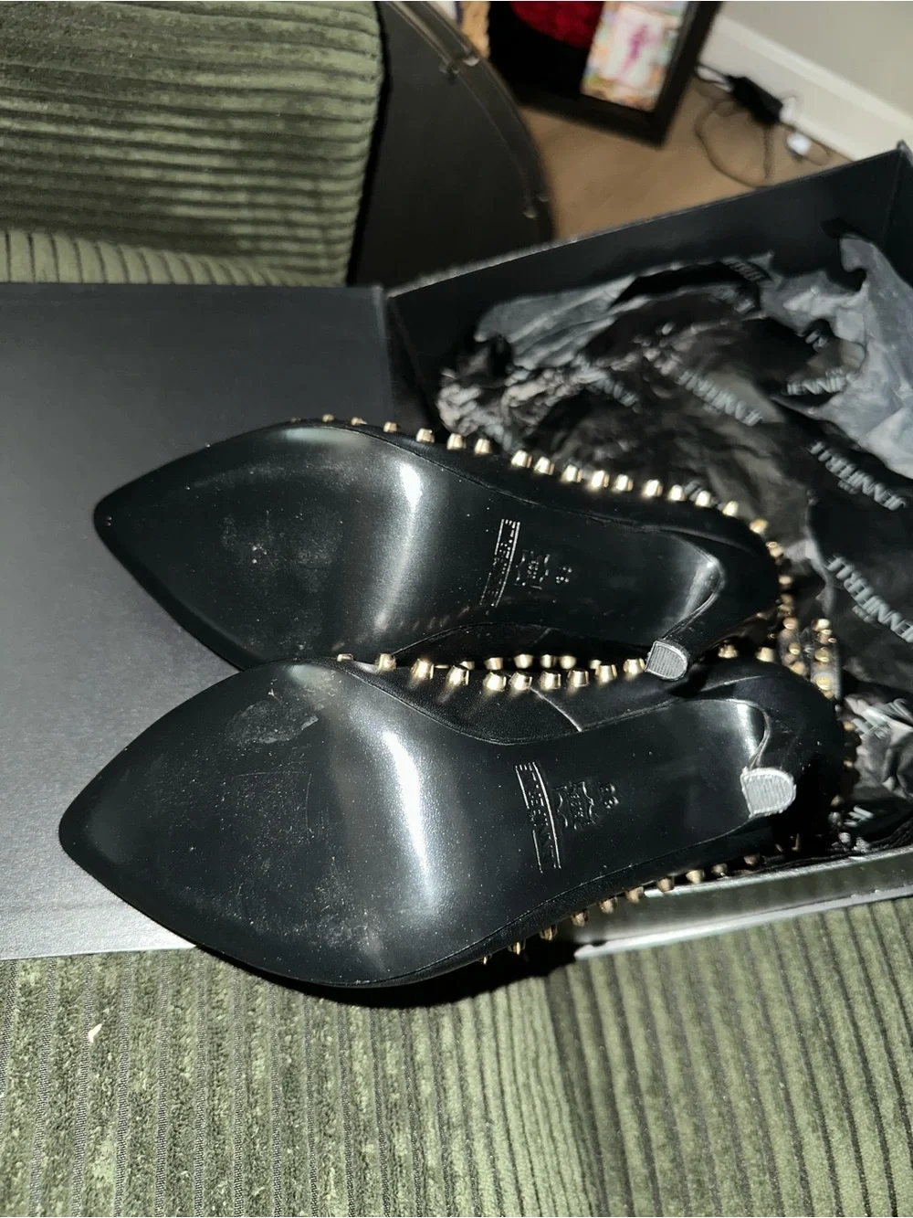 Black Pointed Stiletto Heels with Gold Stud Trim